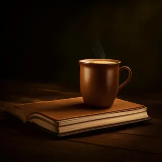 A coffee mug next to an open book on a desk