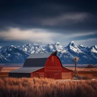 A landscape with a red barn in the foreground at large scale