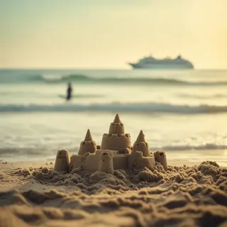 A beach scene with a sandcastle in the foreground, a surfer 