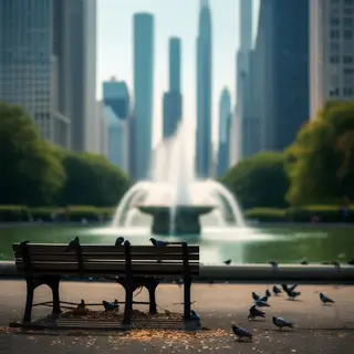 A city park with a park bench and pigeons in the foreground,