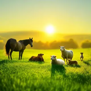 Five animals in a field: a horse on the far left, a cow to t