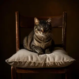 A cat sitting on a pillow, the pillow placed on a wooden cha