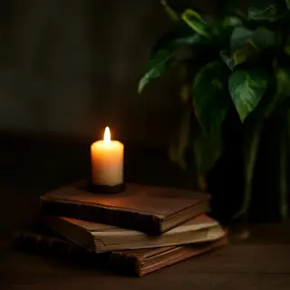 A candle on top of a stack of books, the books next to a pot