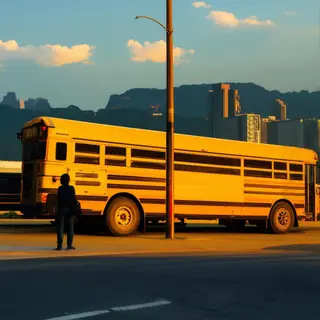 A person standing next to a yellow school bus, showing reali