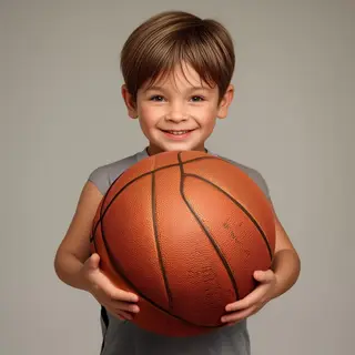 A child holding a basketball, both at correct relative sizes