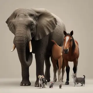 A group photo of an elephant, a horse, a dog, a cat, and a m