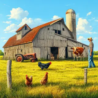 A farm scene with a barn, tractor, farmer, cow, chicken, and