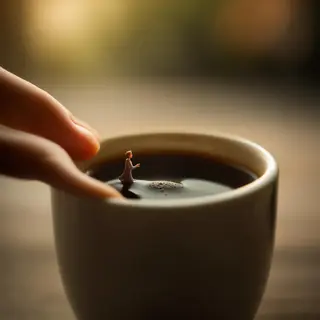 A tiny person standing on the rim of a coffee cup, looking d