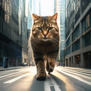 A giant tabby cat walking between city skyscrapers like a ka