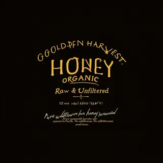 A product label for 'GOLDEN HARVEST ORGANIC HONEY' with subt