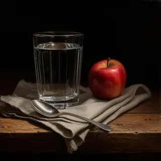 A still life on a wooden table featuring a clear glass of wa