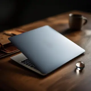A workspace desk with a brushed aluminum laptop, a leather-b