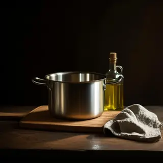 A kitchen counter with a stainless steel pot, a wooden cutti