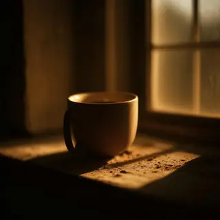 A coffee mug on a sunny windowsill casting a sharp shadow to