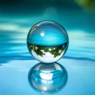 A clear glass sphere sitting on a mirror surface near a pool