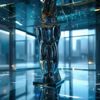 A chrome sculpture in a room with a glass floor and large wi