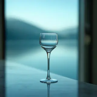 A crystal wine glass on a polished marble counter next to a 