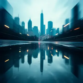 A city skyline reflected in a rain puddle on a street, with 
