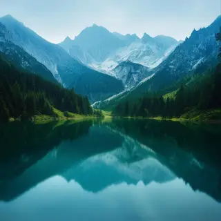 A mountain range reflected in a still alpine lake, with the 