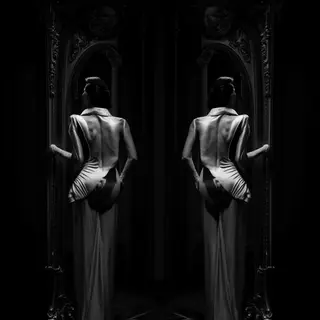 A woman standing in front of a full-length mirror, her refle