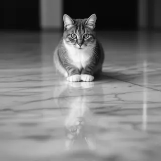 A cat sitting on a polished marble floor with its reflection