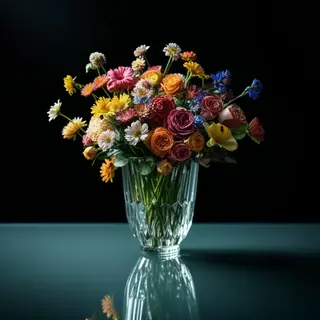 A vase of flowers on a glass table with a clear reflection v
