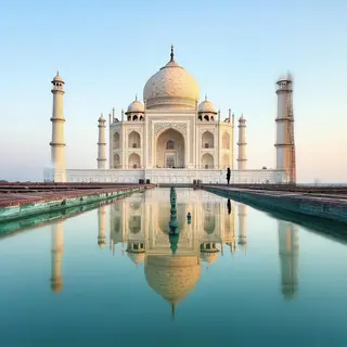 The Taj Mahal in Agra seen from the reflecting pool, with ac