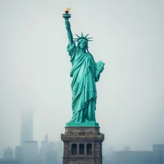 The Statue of Liberty on her island pedestal, with correct t
