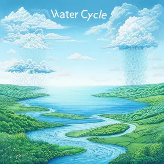 A detailed diagram of the water cycle showing evaporation fr