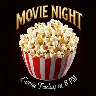 A movie night poster with a large popcorn image in the cente