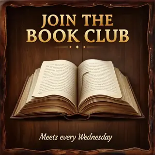 A book club poster with an open book illustration, the title