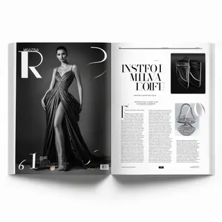 A fashion magazine spread with a full-bleed left-page photo,