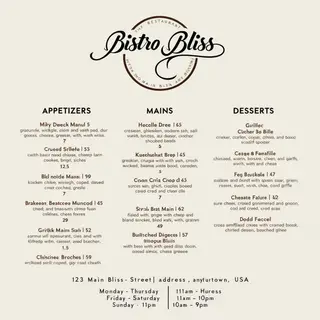 A restaurant menu layout with a logo header, three category 