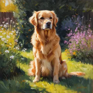 A golden retriever sitting in a garden, painted in the style
