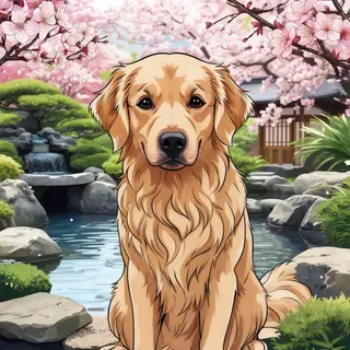 A golden retriever sitting in a garden, rendered in Japanese