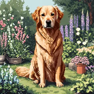 A golden retriever sitting in a garden, rendered in pixel ar