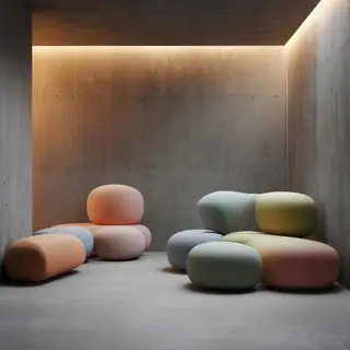 An interior scene rendered in soft brutalism — raw concrete 