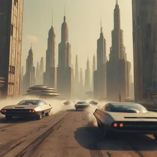 A cityscape rendered in nostalgic futurism — retro-futuristi