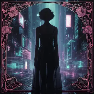 A woman in a futuristic city rendered in cyberpunk Art Nouve