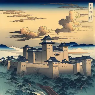 A medieval castle depicted in Japanese ukiyo-e woodblock pri