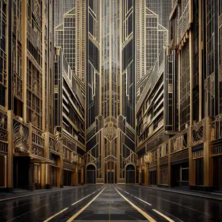 A city street scene in the style of Art Deco — geometric sha