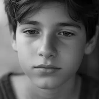 A headshot of a teenager with a relaxed, neutral face