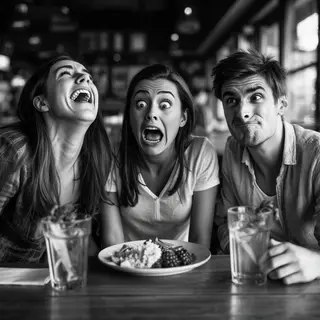 A group of three friends at a table: one laughing with head 