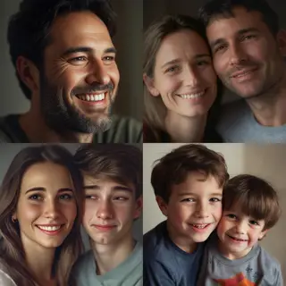 A family photo with four people: a father beaming with pride