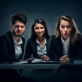 Three coworkers in a meeting: one looking frustrated with fu