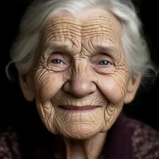 An elderly woman in her 80s with deep wrinkles and white hai