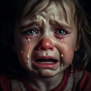A 5-year-old child with round cheeks and large eyes, crying 