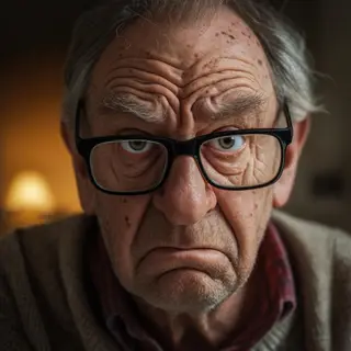 An elderly man in his 70s with age spots and thinning gray h