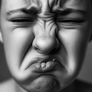 A close-up of a person's face showing clear disgust, nose wr