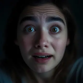 A portrait capturing genuine surprise — raised eyebrows, wid